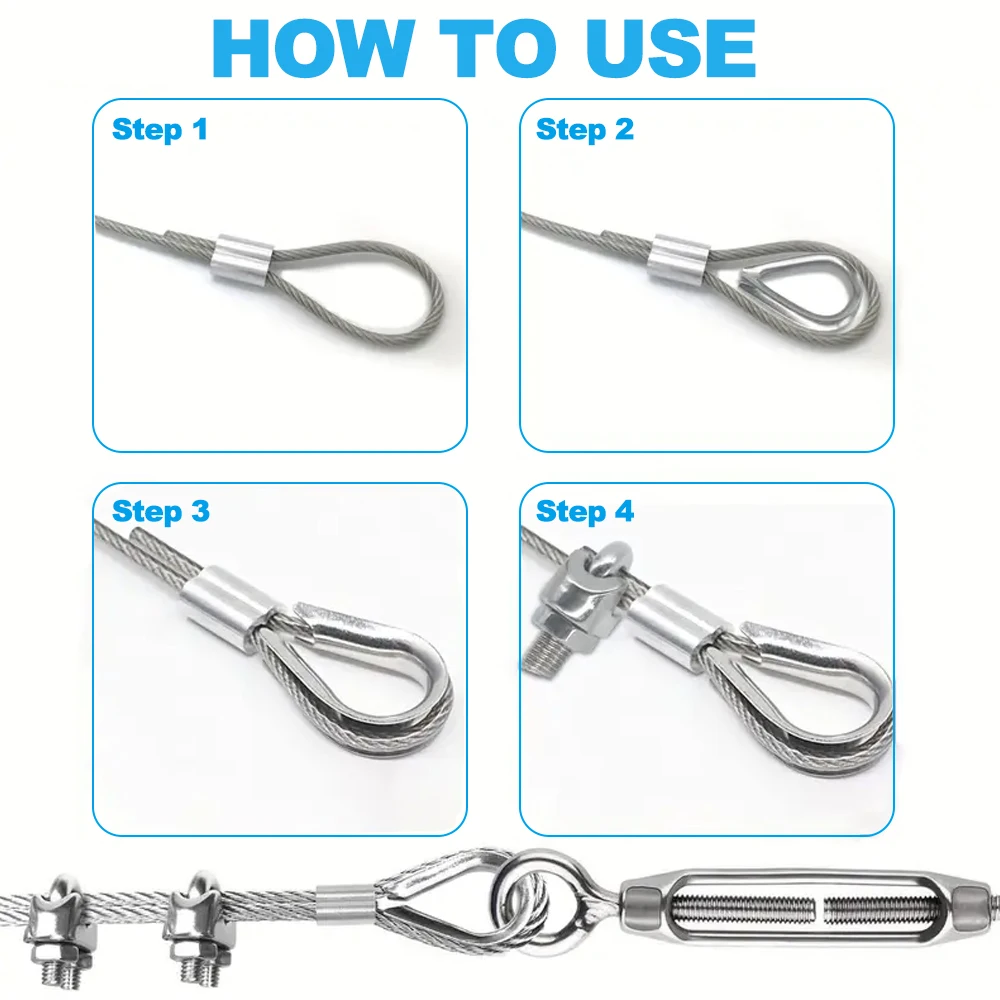 2mm Stainless Steel Wire Rope Kit with Aluminum Sleeve Chicken Heart Ring U-shaped Cable Clamp for Clothesline Fence 10-50M