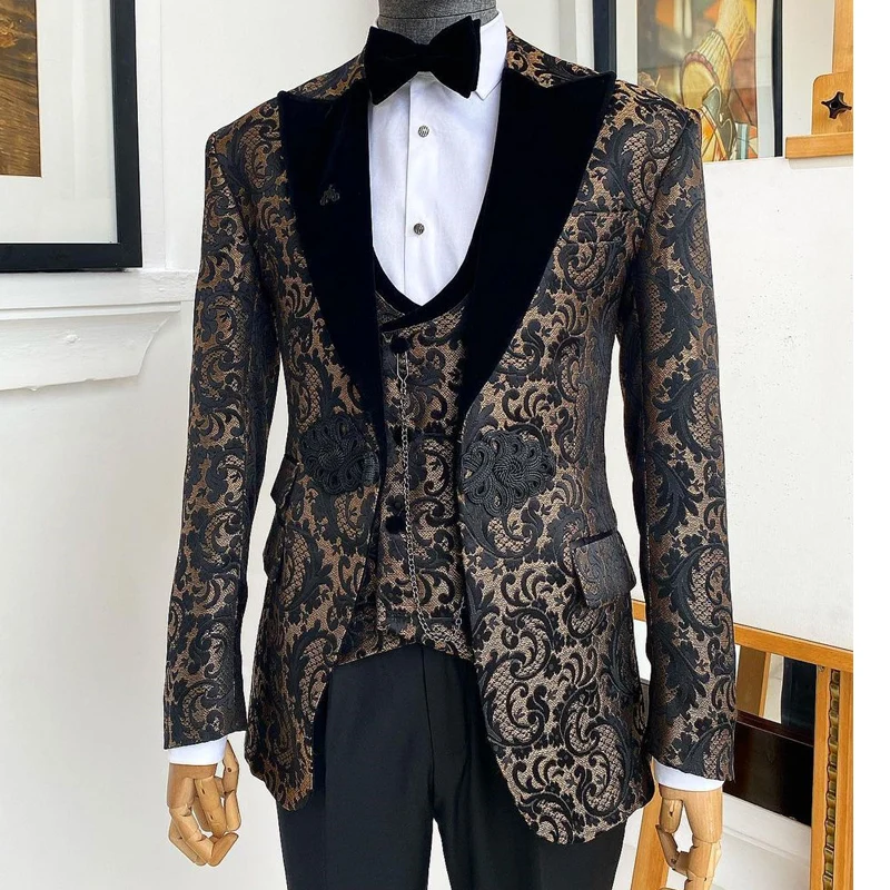 

Elegant Black Floral Suits for Men Wedding Party Mandarin Button Slim Fit 3PCs Formal Jacket Double Breasted Vest Pants