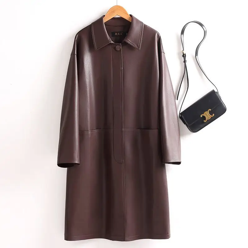 Loose leather jacket women autumn and winter new solid color simple style lapel collar fashionable commuting leather coat