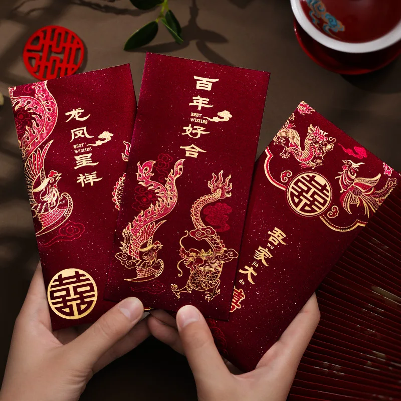 

6pcs Wedding Red Envelopes Marriage Gift Bag Double Happiness Lucky Pocket Chinese Traditional Hongbao Wedding Decoration