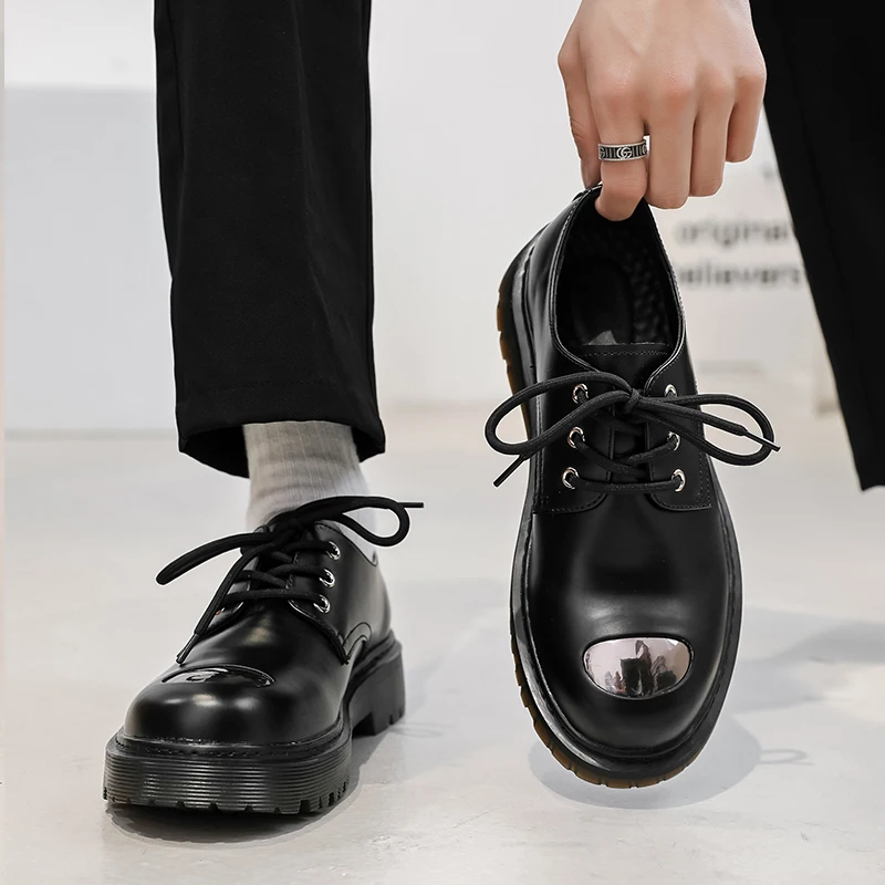 

Trendy Korean Sle Men's Leather oes Thi Bot round Head Low Help oes Iron Head Briti Sle Casual oes