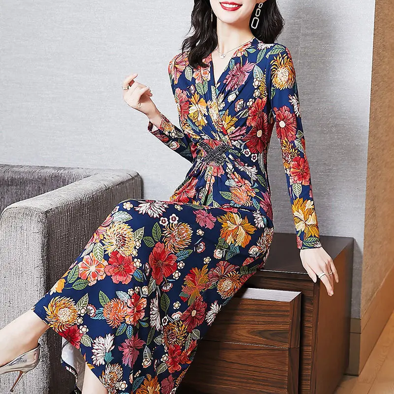 

Casual Dress Female Spring Dress V Neck Print Flowers Dress Women 2023 Fashion New High Waist Long Sleeve Long Dress Female Tops