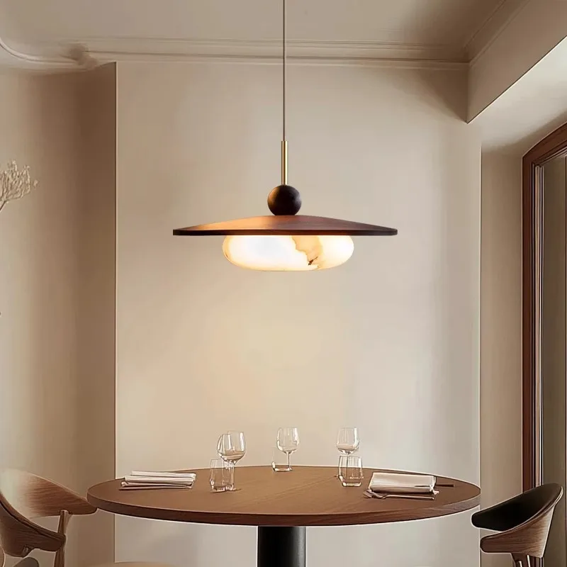 2025 new high-end B & B restaurant chandelier three-headed walnut solid wood medieval style dining room imitation marble lamps