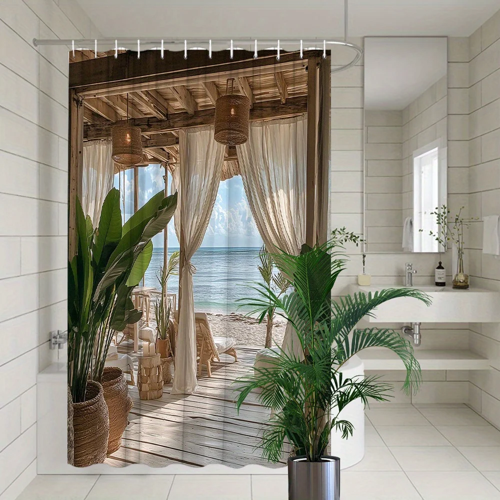 

1 Pc Tropical Pavilion Beach Scene Shower Curtain Polyester Wooden Structure Ocean View Includes 12 Hooks 70.8x70.8 Inch