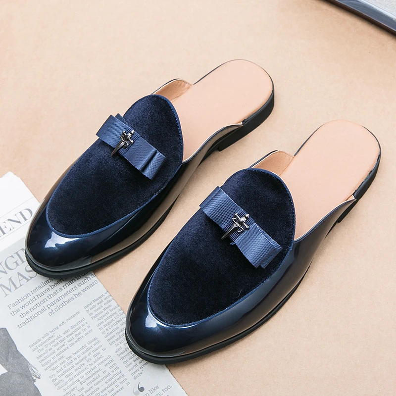 

Designer Brand Luxury Black Blue Half Shoes For Men Leather Shoes Mens Mules Casual Slides Slippers Sandals Men Fashion Mocassin