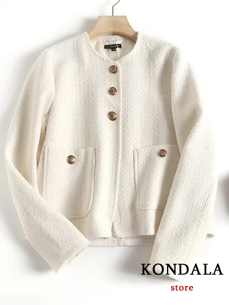 KONDALA Vintage Woolen Loose Elegant Jackets Women Button Pocket Solid White Coats Women Fashion 2022 Autumn Office Lady Outwear