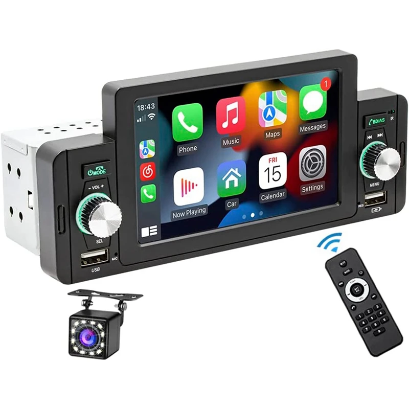 

5 Inch Single Din Car Stereo Wireless Carplay Android Auto Mirror-Link,Touchscreen Radio Bluetooth Backup Camera,FM USB