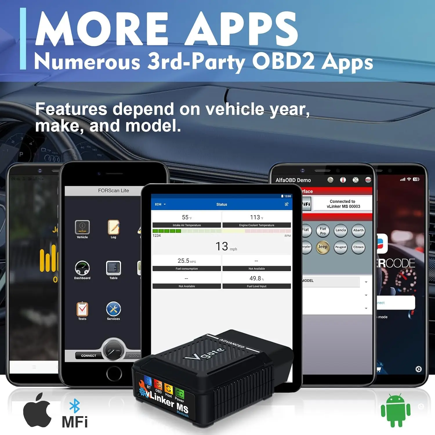 vLinker MS Bluetooth OBD2 Scanner for iPhone, Android, Windows - Supports CAN Protocols