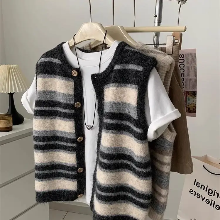 

plus Size 300 Pou Fat MM Autumn Winter Anti-Aging Retro Stripes Layered Loose Fit round Ne Open Cardigan Svel Jaet
