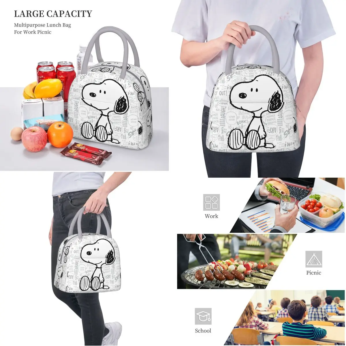 Large Capacity Insulated Lunch Boxes PEANUTS Snoopy On Black White Merch Storage Food Box Cooler Thermal For Picnic