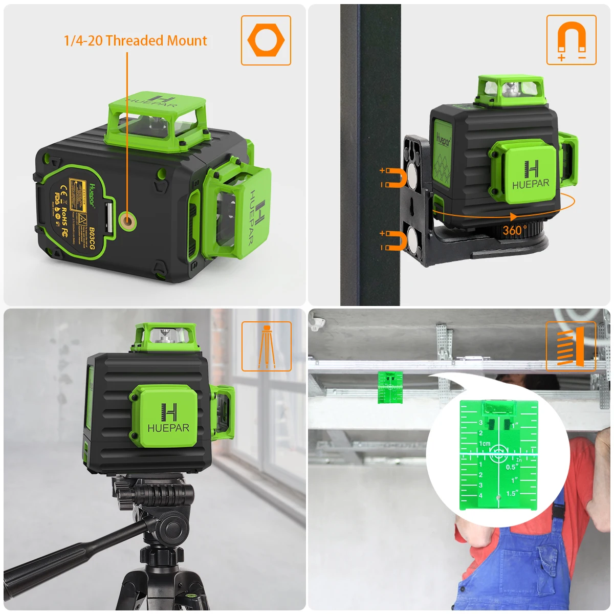 Imagem -03 - Ferramenta de Nível Laser com Suporte Magnético Feixe Verde 12 Linhas Modo de Autonivelamento Linha Cruzada Conjunto de Tripé de 12 m Huepar3d