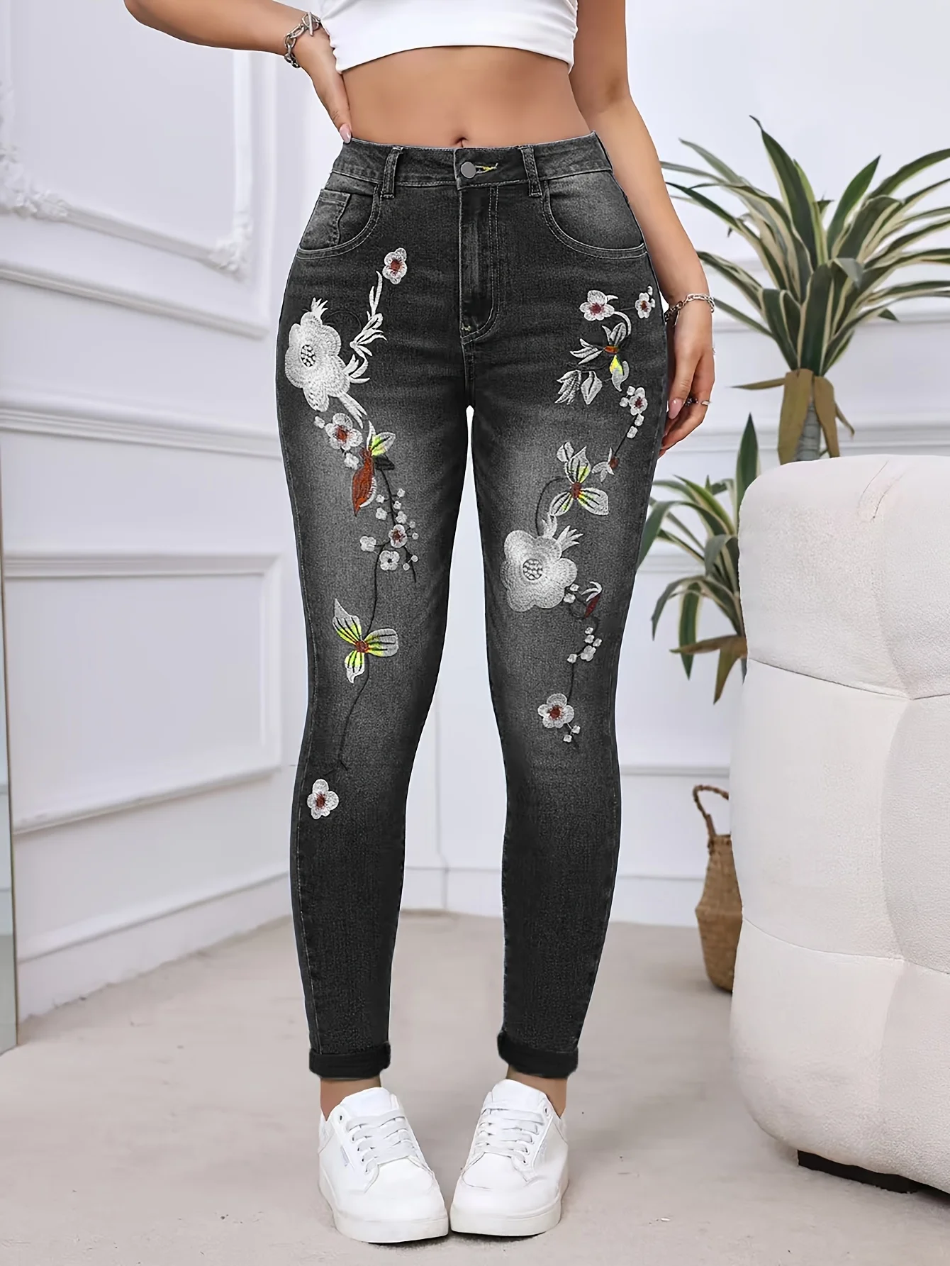 Y2k Jeans For Woman High Waisted Floral Embroidery Skinny Stretch Denim Trousers Slim Fit Ankle Length Elegant Female Pants