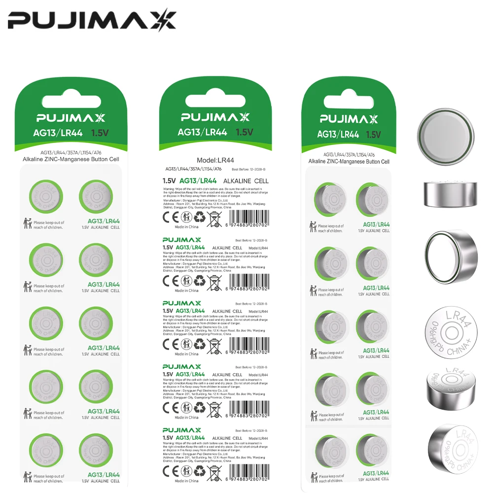 

PUJIMAX 10-70pcs LR44 Battery High Capacity AG13 357 303 SR44 L1154F A76 Premium Alkaline Battery 1.5V Button Coin Cell Battery