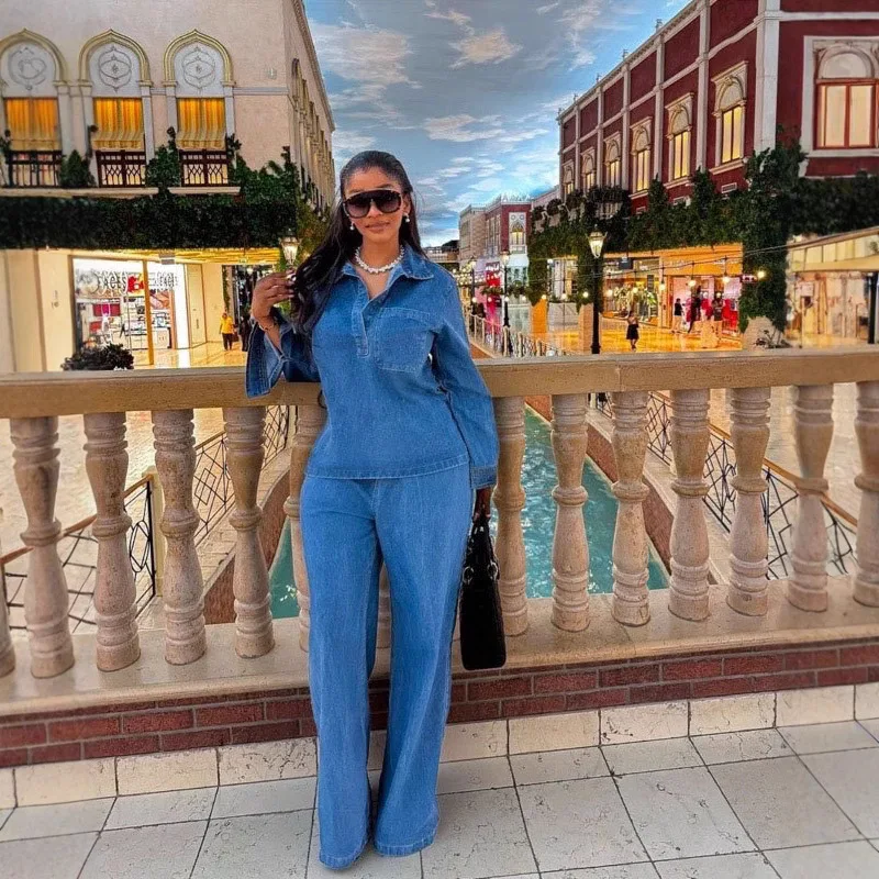 

Женский джинсовый комплект Long Sve с отложным воротником, топ с поясом, прямые брюки, длинные брюки, комплект из двух предметов, повседневная спортивная одежда