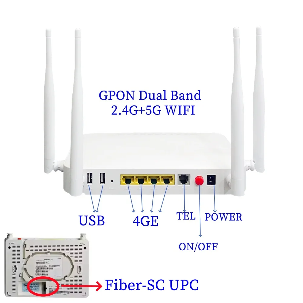 XPON ONU 4GE 2USB TEL HGU WIFI 2.4G&5G Dual Band ONT EPON/GPON English version PT939G Optical fiber router