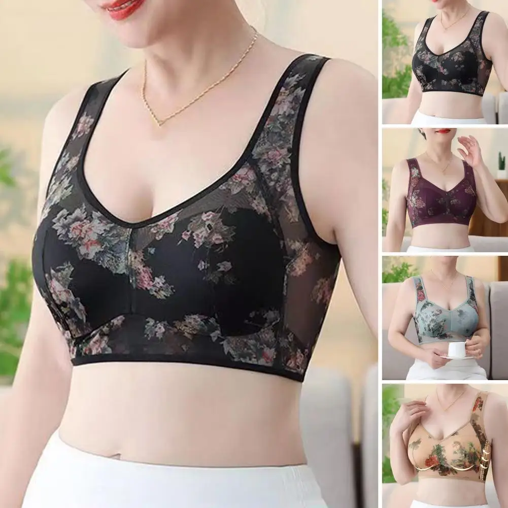 Mid-aged Women Bra Elastic Shoulder Strap See-through Lace Brasier Wireless Plus Size Push-up Sport Yoga Daily Lady Bra 레이스 브라