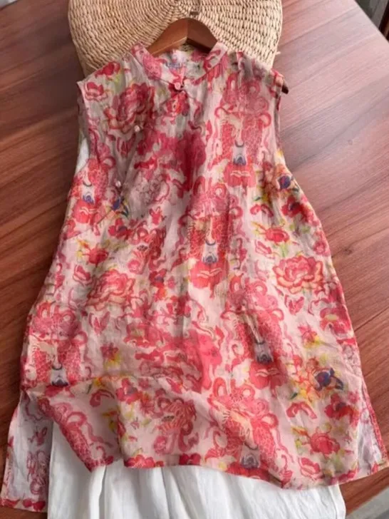 

Новая женская летняя модная одежда: хлопковая безрукавка средней длины с принтом, воротником-стойкой, разрезом и пуговицами, в китайском стиле