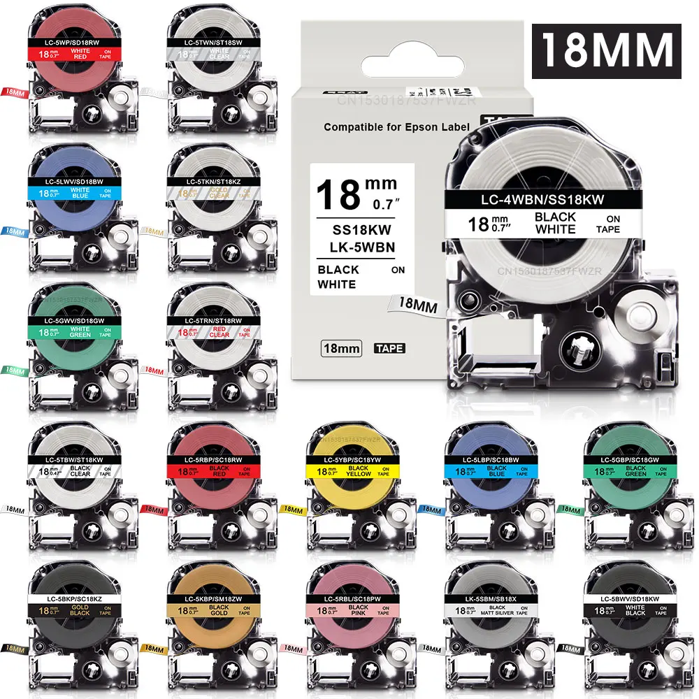 22 Colors 18mm SS18KW Tapes Compatible Epson Label LK-5WBN Cassette Ribbon Replace for Epson LW-400 LW-500 LW-700 Label Maker