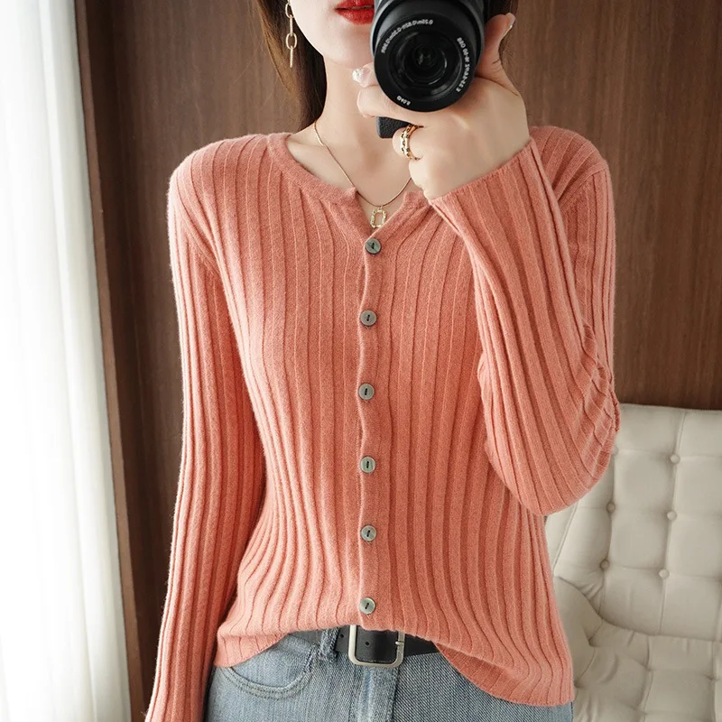 Women's Pit Stripe Design Stretch Cardigan Vintage Simple Single Breasted Slim Sweaters Round Collar Solid Long Sleeve Knitwear