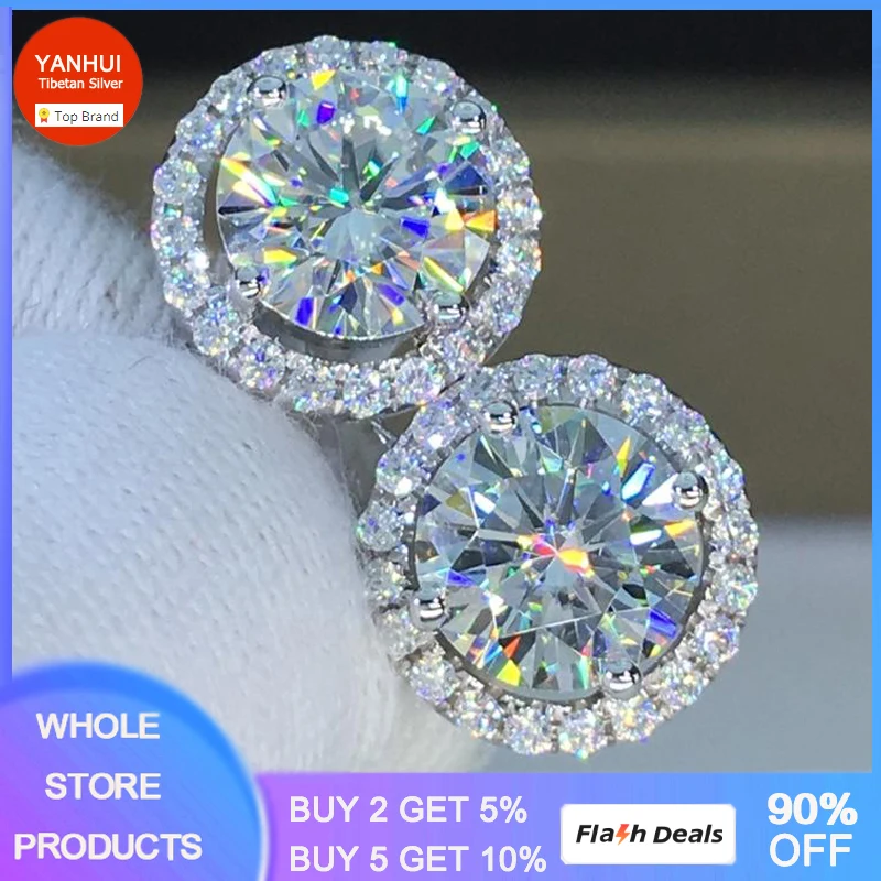 Original Certified Real White Tibetan Silver Earrings Round Clear Cubic Zirconia Stud Earrings for Women Wedding Ear Jewelry