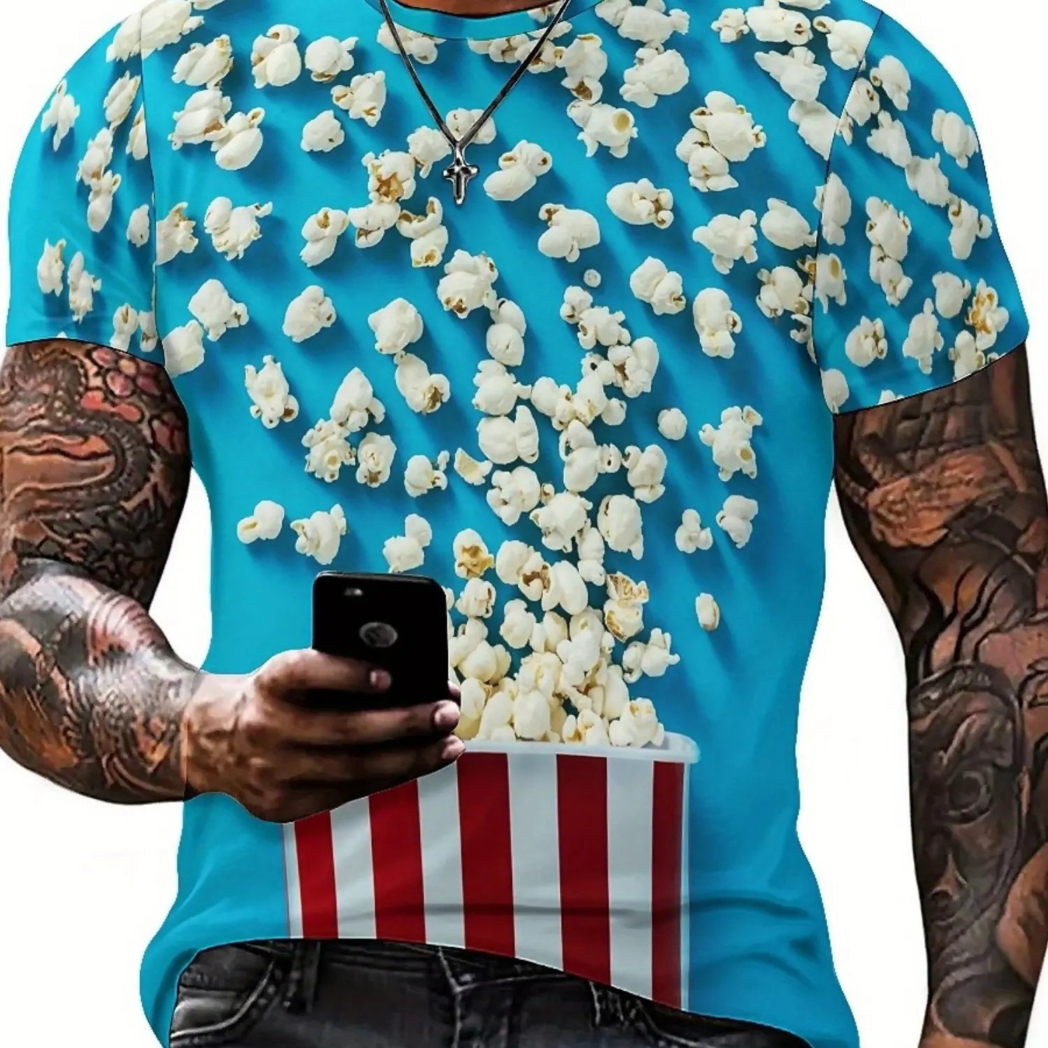 Men's 3D Popcorn Print T-Shirt, Light Blue with Realistic Food Design, High-Quality Polyester Fabric