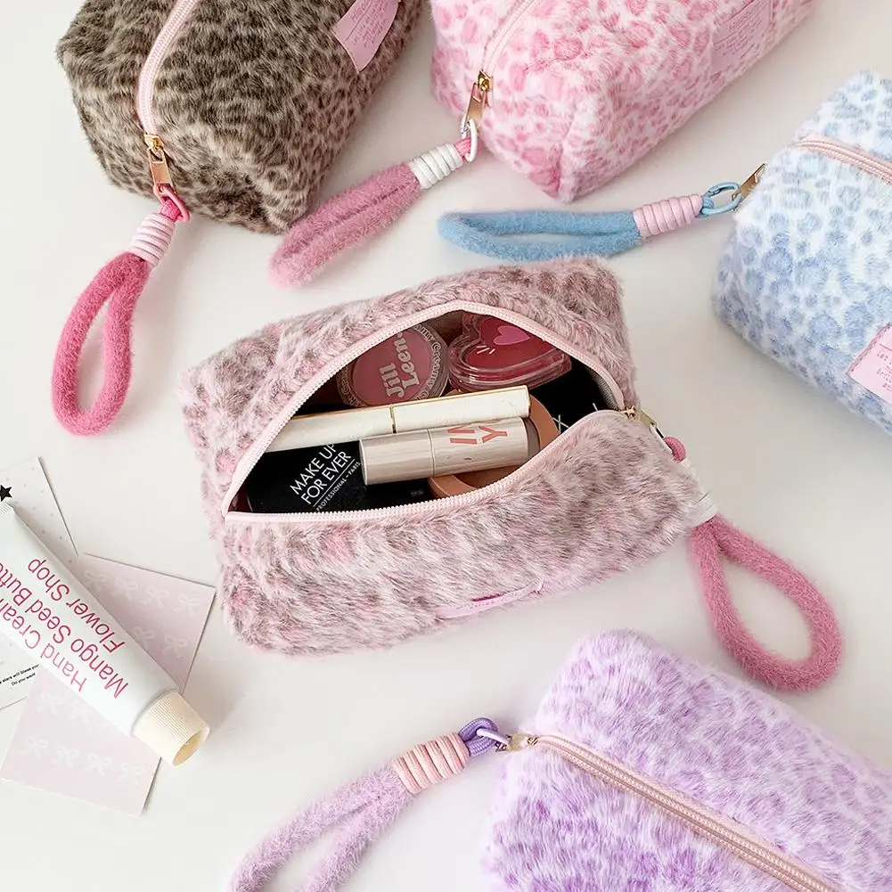 Leopard Print Plush Makeup Bags with Handle Portable Travel Cosmetic Storage Bag Toilet Bag Cute Pencil Case Fashion Handbag image 3