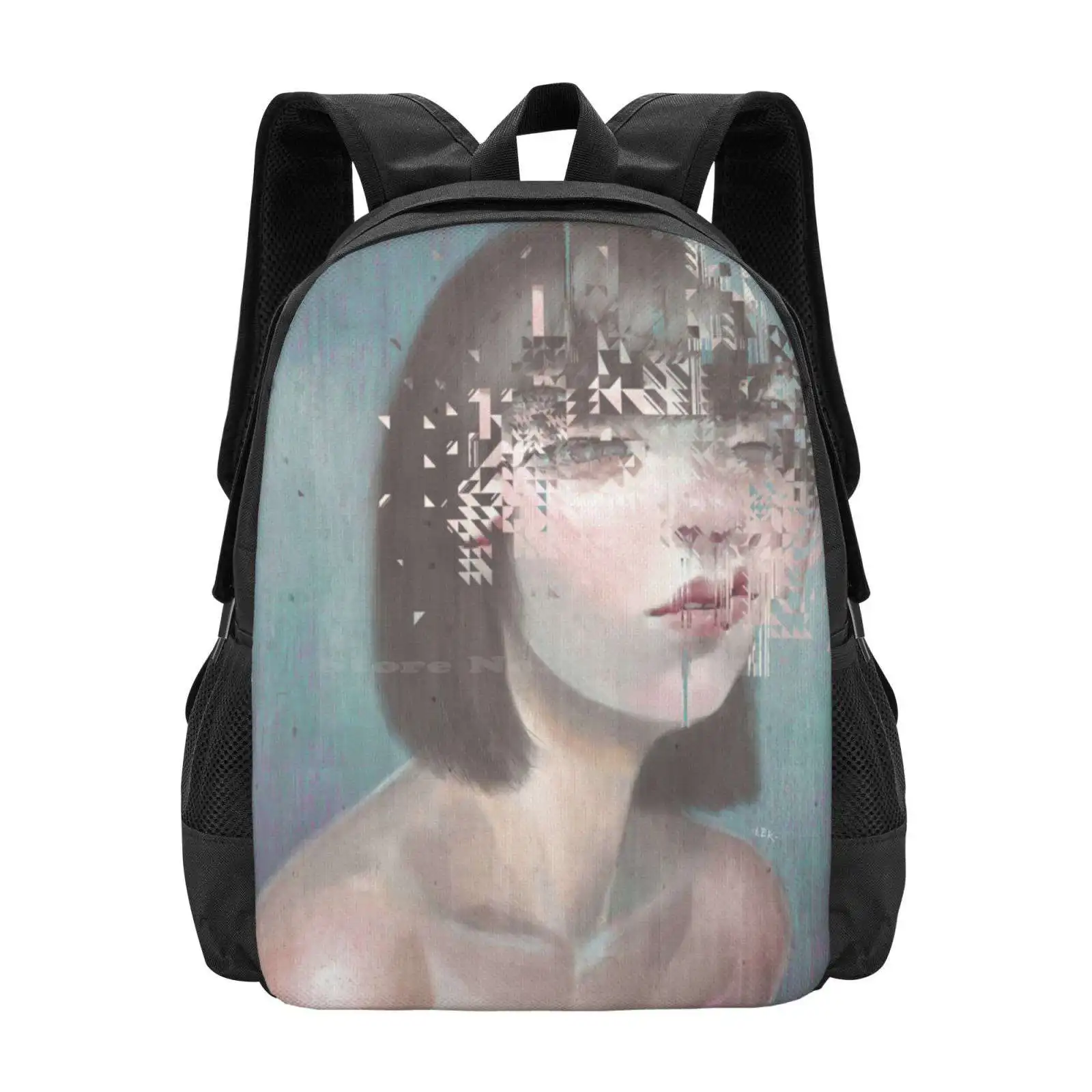 Glitch 02 School Bag Big Capacity Backpack Laptop Glitch Surreal Pop Female Portrait Binary Fracture