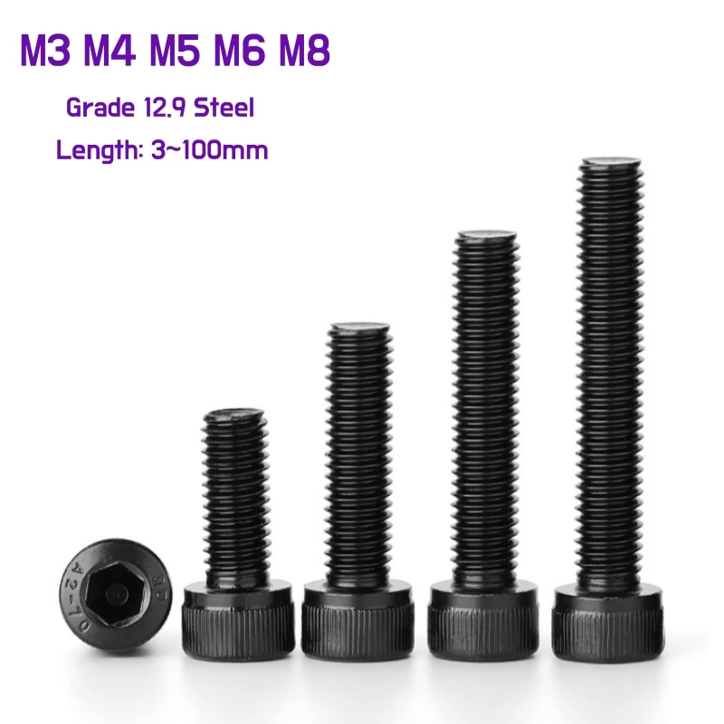 M3 M4 M5 M6 M8 DIN912 Grade 12.9 Steel Socket Head Screws Fully Threaded Allen Hexagon Hex Socket Cap Head Bolt Length 3~100mm