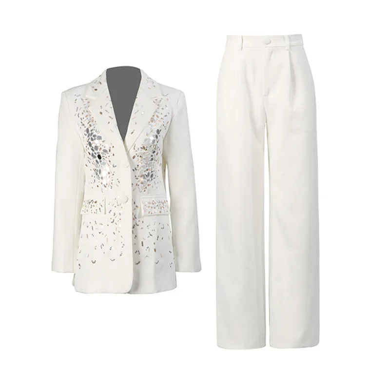 HKSH Autunno Nuove Donne Vestito a Due Pezzi Set Borchiato Diamanti Lucidi monopetto Office Lady Blazer Elegante Pantaloni Alla Moda HK11553