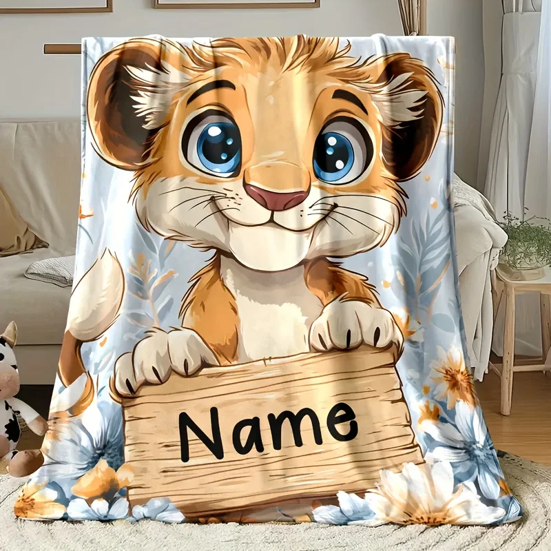 Personalized Lion Cub Blanket Cute Cartoon Baby Lion Holding Wooden Sign Custom Name Soft Fleece Throw Gift For Kids Room