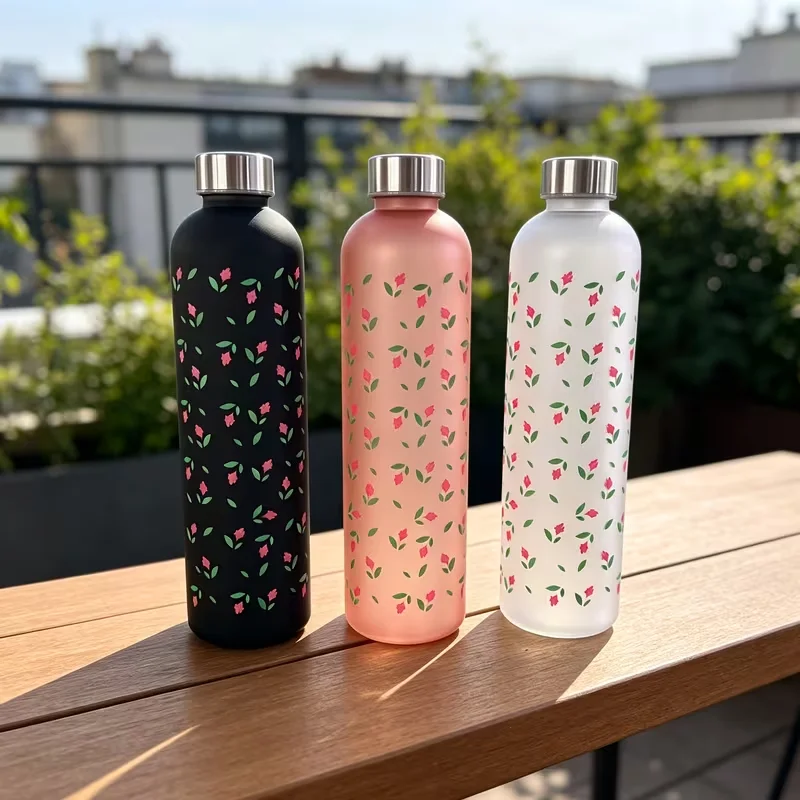High Aesthetic Girly Style Floral Frosted Water Bottle Large Capacity Leak-Proof Straight Drinking Outdoor Fitness Water Bottle