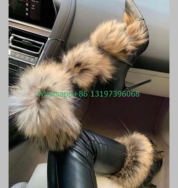 Lady fur lace-up feather calf boots vintage brown color dress boots stiletto heel punk winter lace-up boots size 35-46 footwear