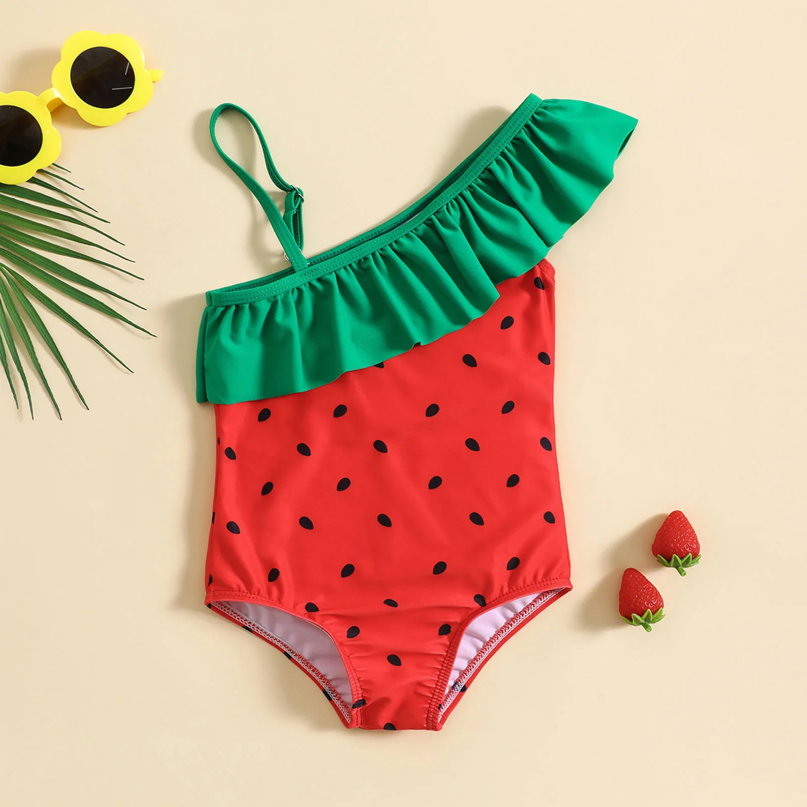 

Girls Bathing Suits Size Summer Toddler Girls Ruffles 1 Piece Swimwear Cartoon Watermelon Prints Beach Girls Swimsuit Guard Set