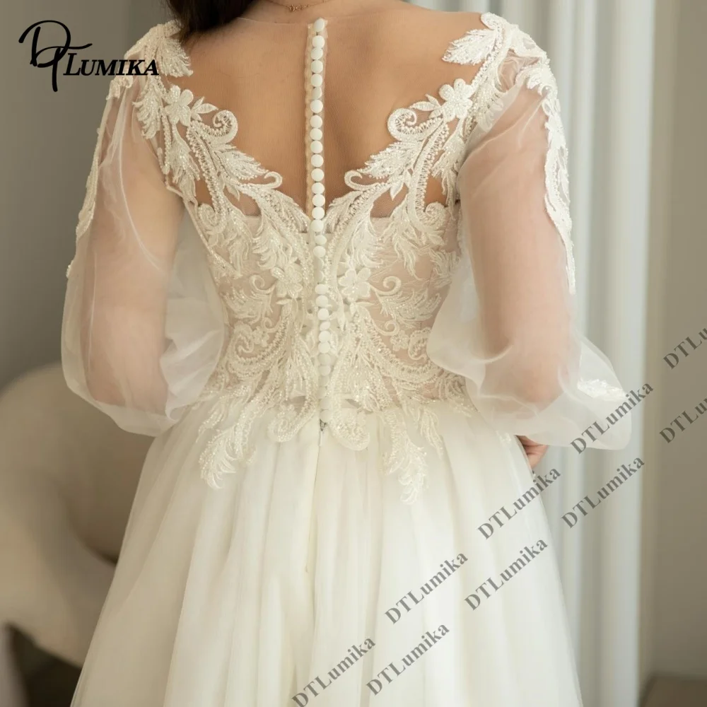 DTLumika Women Deep V Neck Wedding Dress Lace Detailing Long Illusion Sleeves Tulle Ball Gown Bridal Gown Princess Bride Dress
