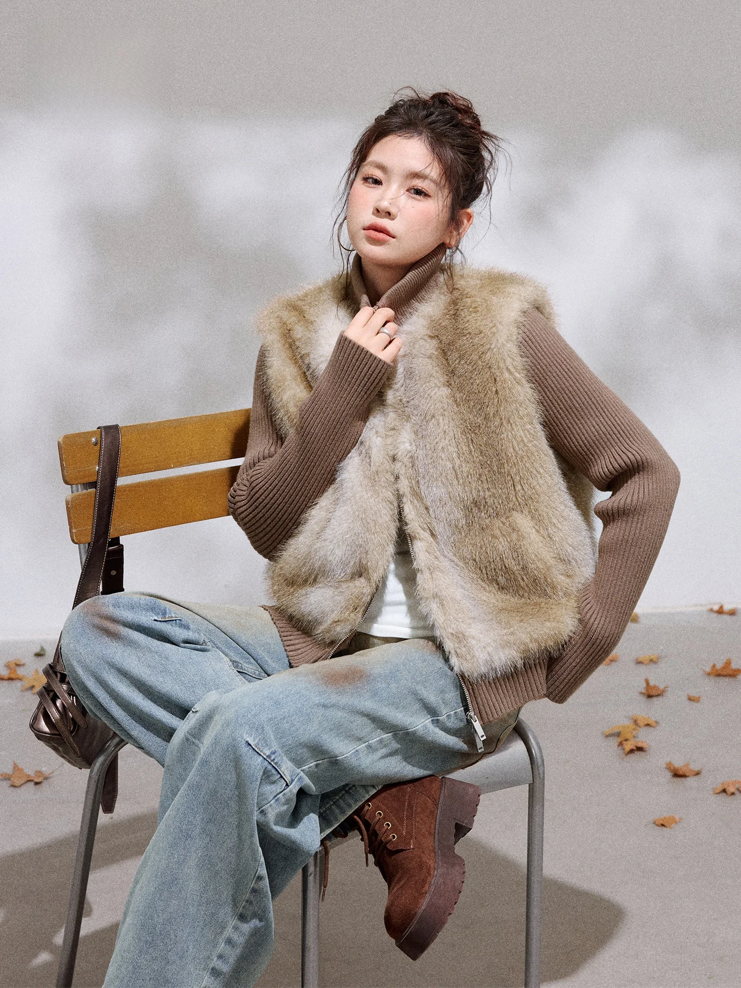 

Korean Style plus Size Women's Winter Jacket Deep Coffee Gradient Sweater Vest Splicing Slimming High Waist Commute Coat