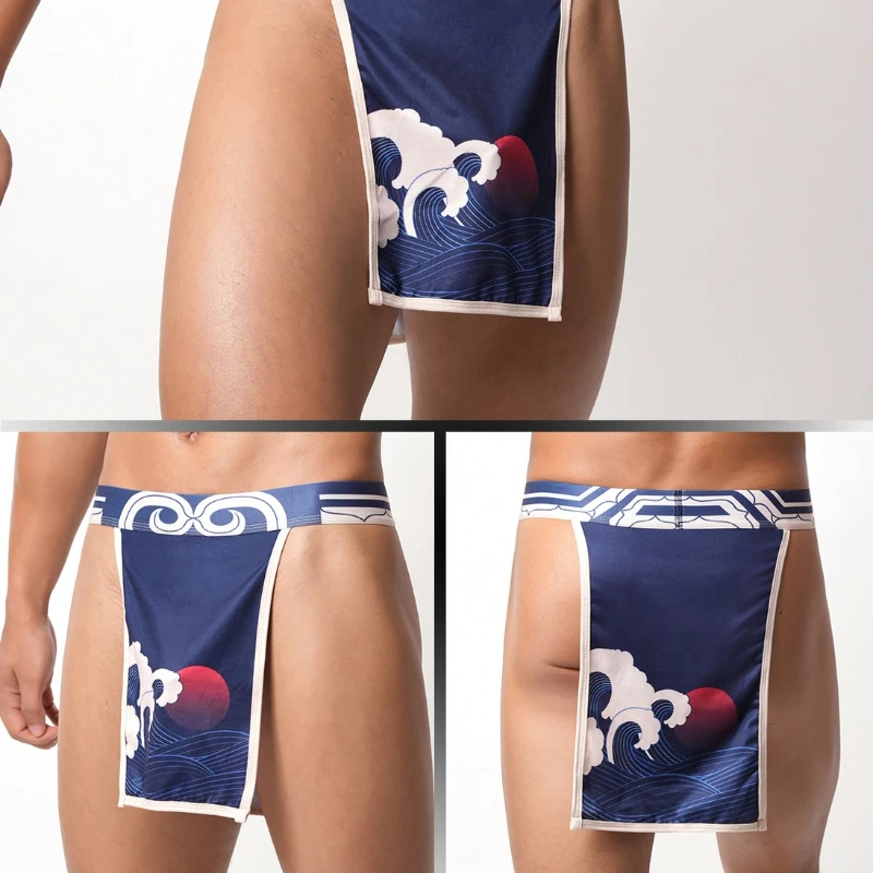 Men's Sexy Underwear Japanese Sumo Two-Piece Panties Side Open High Fork Low-Rise Underpants Fashion Printed Night Performance