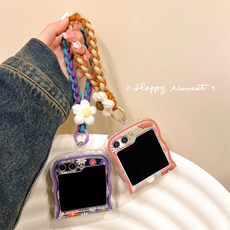 Funda de teléfono con cordón de flores para Samsung Galaxy Z Flip 6 5 4 3, funda trasera protectora para ZFlip4 ZFlip5 ZFlip6