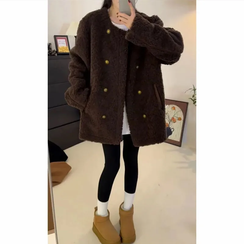 

Осенне-зимняя женская куртка из овечьей шерсти с длинными рукавами, корейская женская утепленная верхняя одежда большого размера 4XL, женские двубортные топы, пальто