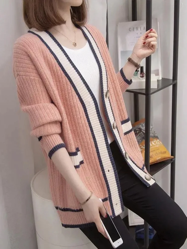 Korean Fashion Sweater Cardigan Women Loose Spliced Knitwears Coat Casual Mid Length Malhas Outerwears Elegant Soft Tops Jackets