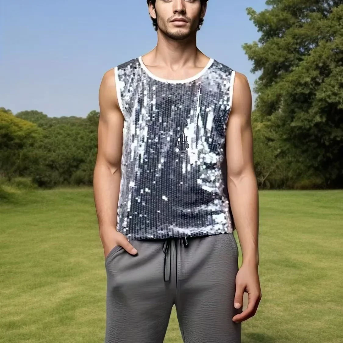 Men's Casual Hollow Sexy Vest Men's Summer Sequins Flashing Woven Mesh Sleeveless Vest Top Men's