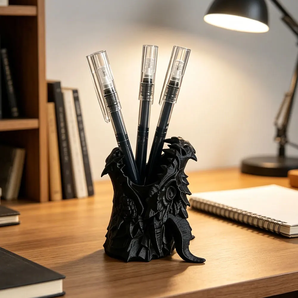 (9*7.3cm) Creative Pen Stand Sculpture Office Home Dragon Head Pen Holder 3D Printed Gothic Desk Organizer Gift Desktop Decor