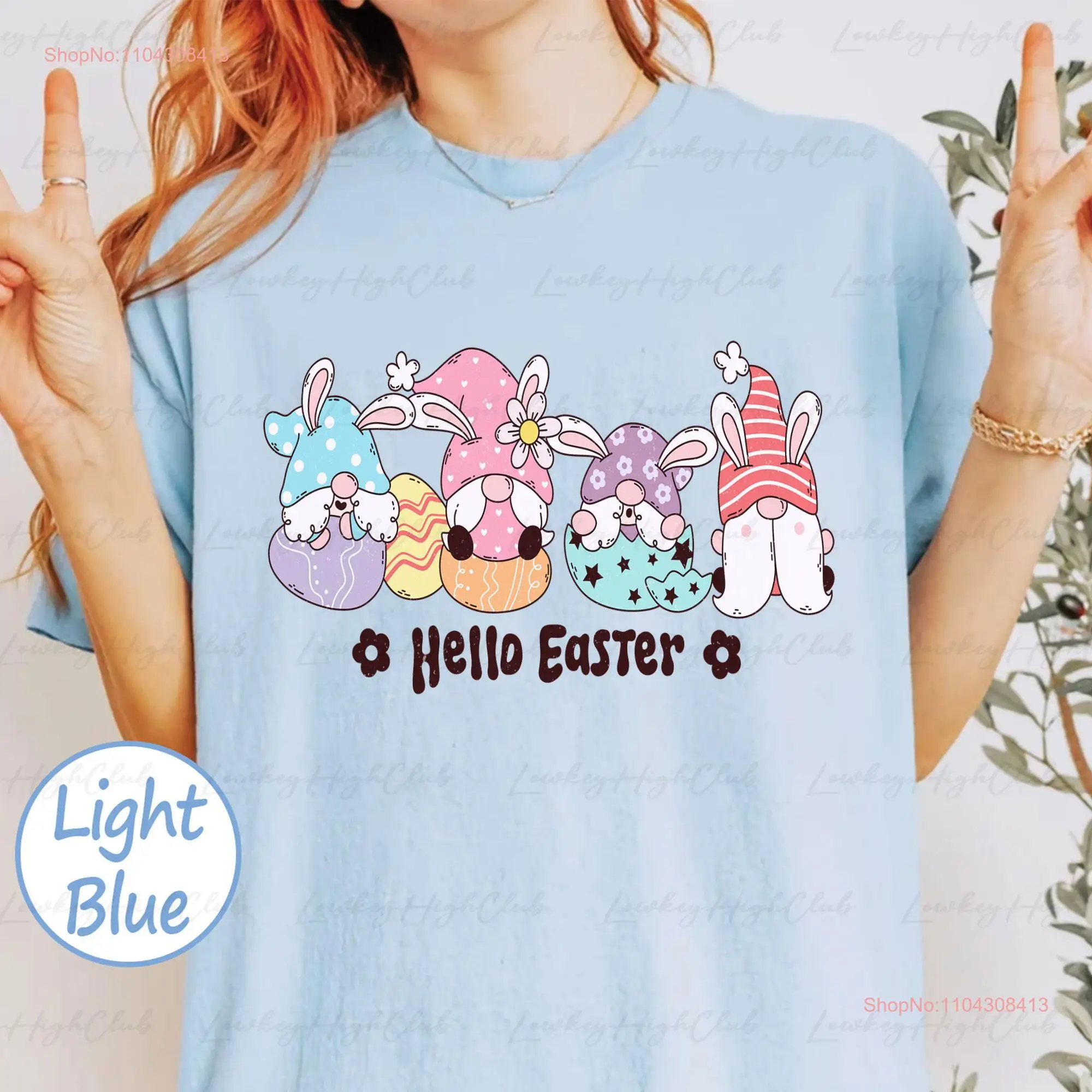 Camiseta de Hola gnomos de Pascua, conejito de huevo Floral, fiesta femenina, bienvenida de primavera, MYA652, manga larga o corta