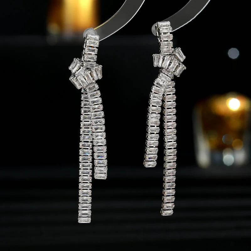 New Arrival: Luxe-Chic, Sophisticated Earrings—Rectangular Zirconia-Set, Creative Knotted Long Fringe Design