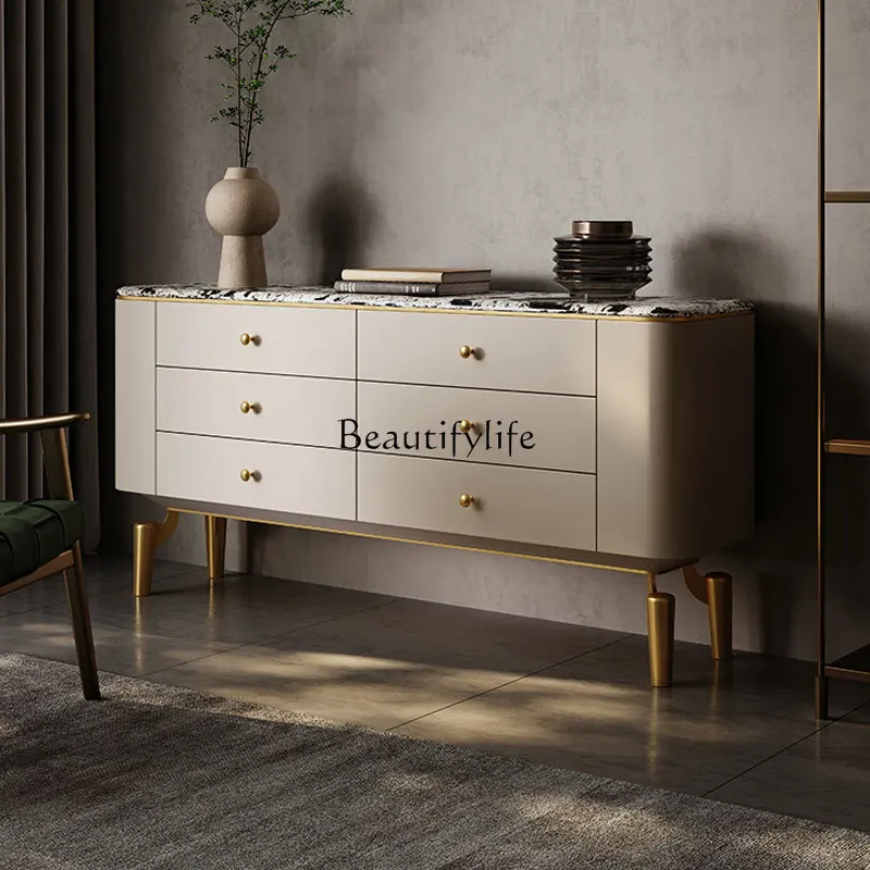 

Light luxury marble dining side cabinet integrated against the wall Snow Mountain Flying Fox Luxury stone storage Stainless