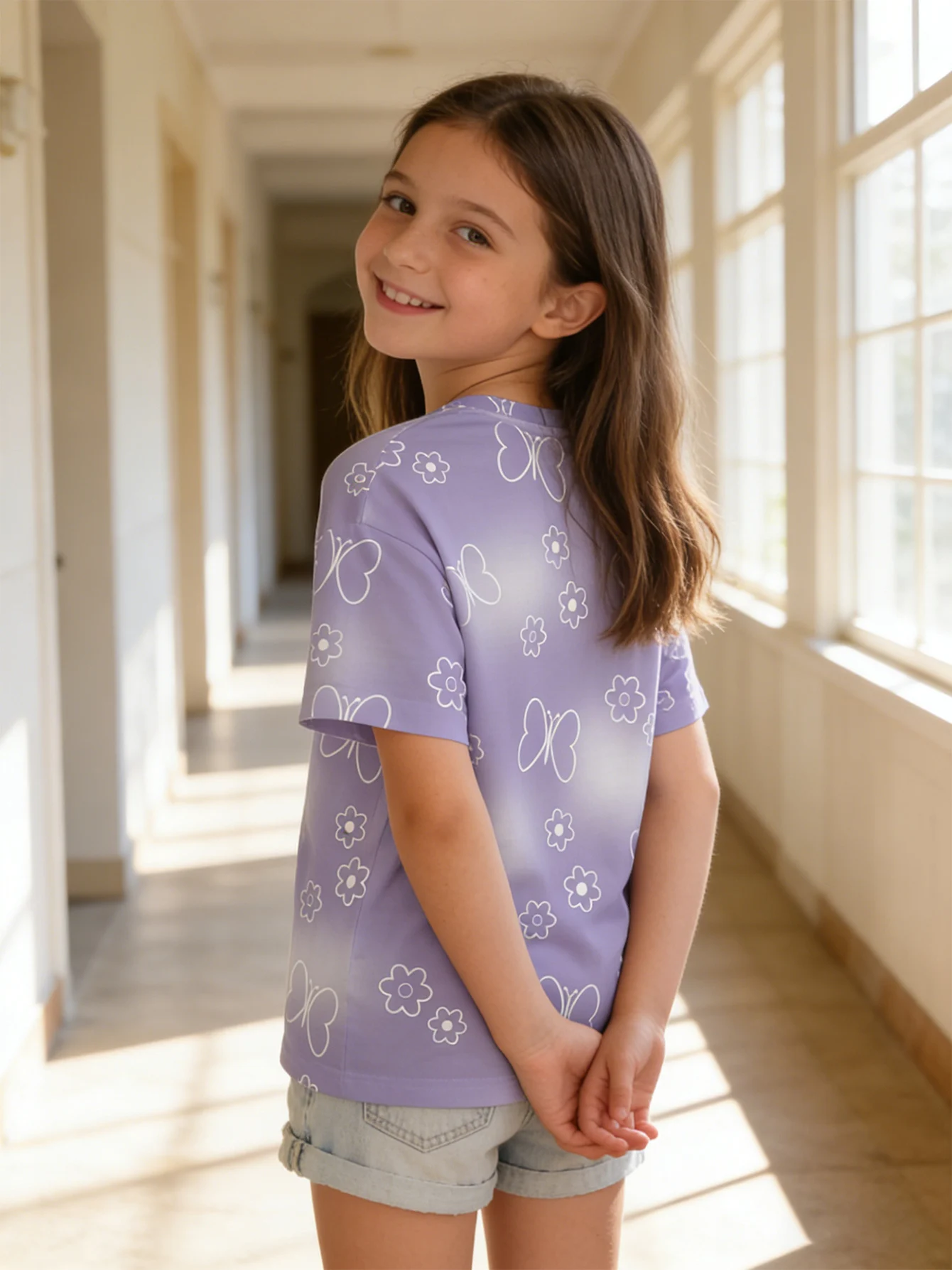 2026 girls lilac gradual change white butterfly flower print short-sleeved T-shirt, casual top summer wear