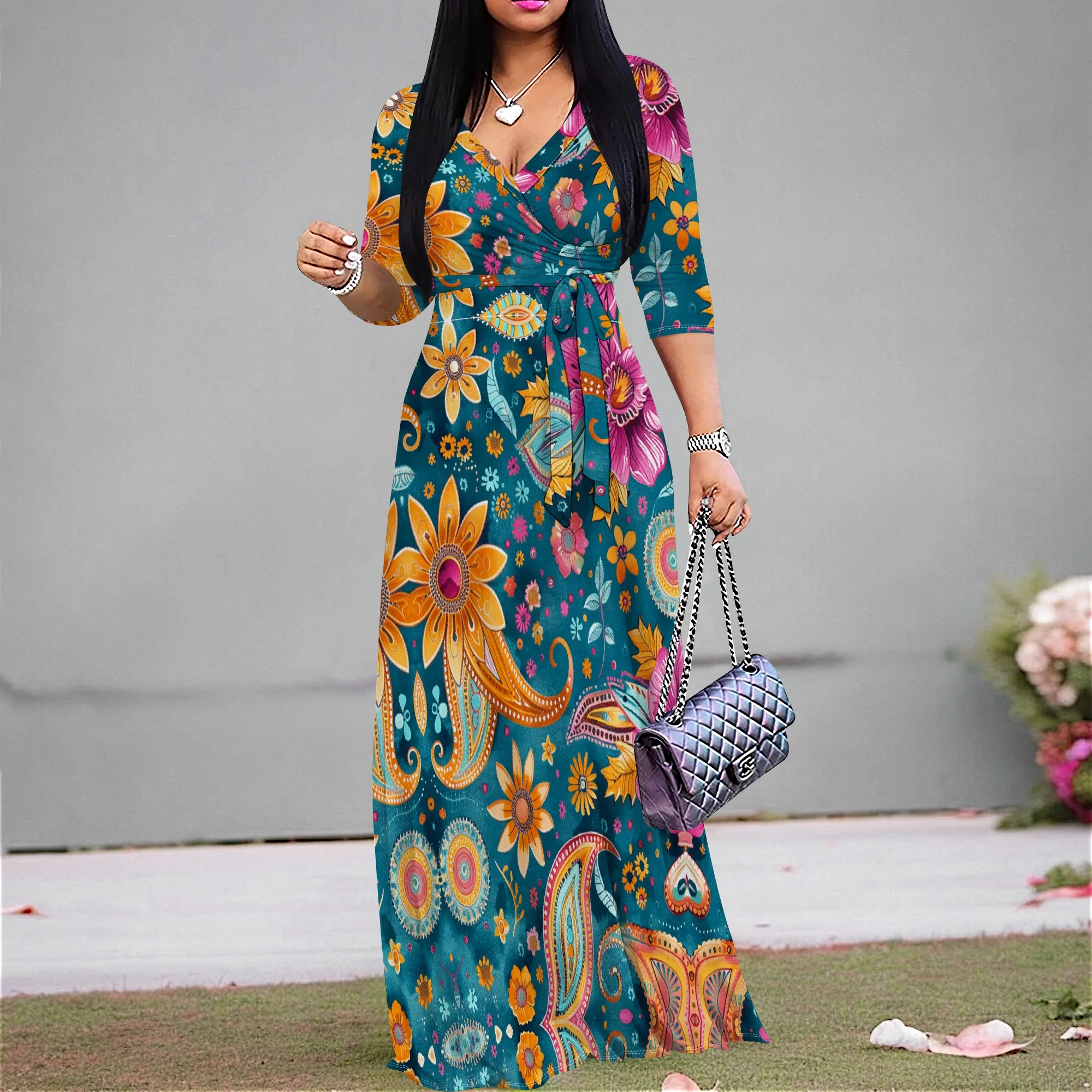 

Women's Boho Floral Maxi Dress Vintage V-Neck Half Sleeve A-line Dress with Belt for Holiday Vacation Wear XS-3XL