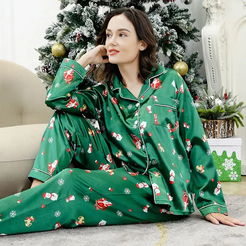 

Snowman Print Christmas 2Pcs Set Long-Sleeve Lapel Chest Pocket Top And Long Pant Comfortable Relaxed Fit Sleepwear Loungewear