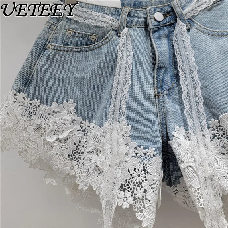 Lace Splicing Denim Shorts Women's 2025 Summer New Chic Design High Waist Short Jeans Sweet Spice Girl A-line Hot Pants