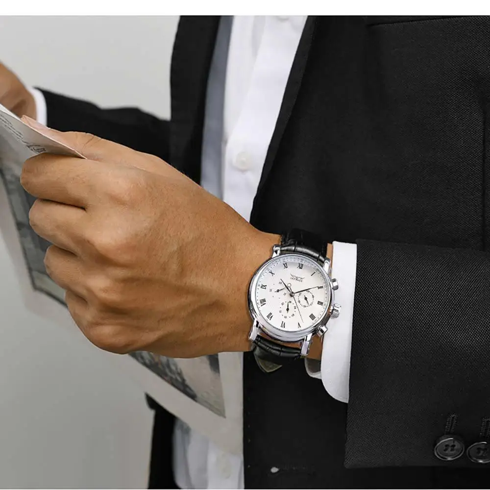 Jaragar Brand White Men Mechanical Watch Minimalism Dial Date Business Sports Male Genuine Leather Wrist Automatic Clock Relogio