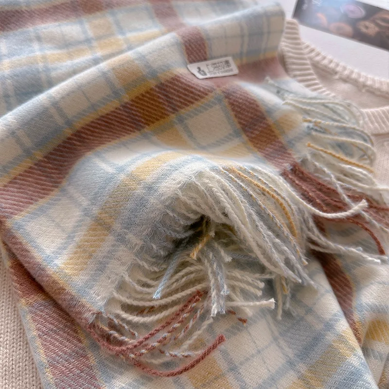 plaid scarf women's winter new warm and versatile shawl advanced sense imitation cashmere thickened soft waxy scarf